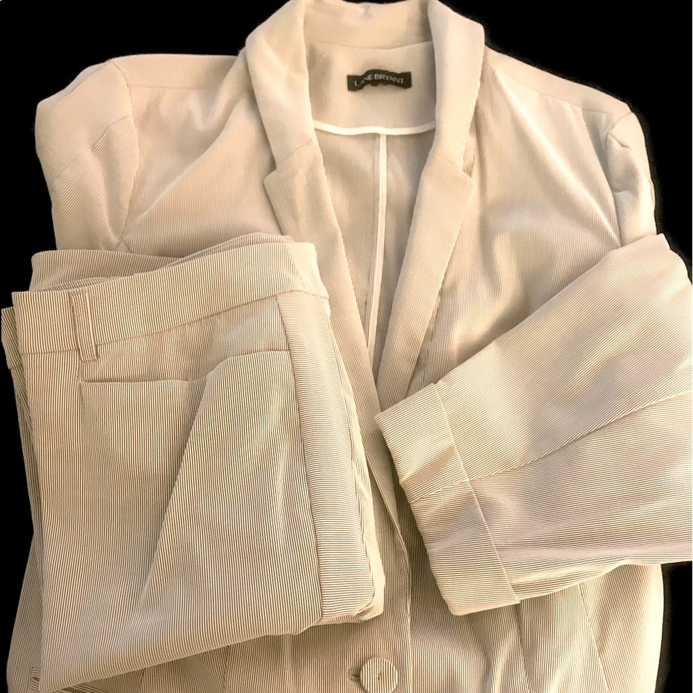 Woman’s pant suit. Lane Bryant. Pinstripe blue & white.